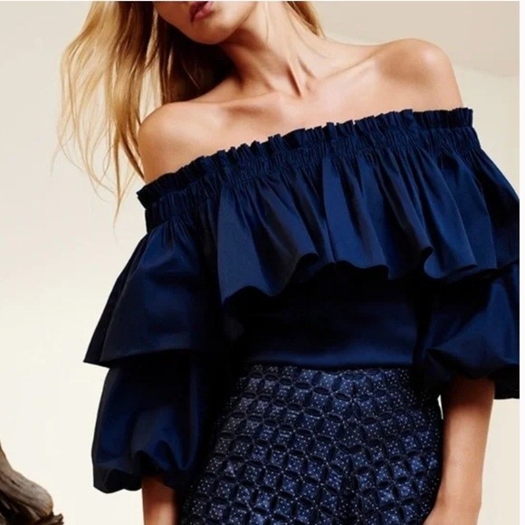 Alexis Barbie Off-the-Shoulder Ruffle Top in Navy Blue Size‎ Small - Picture 1 of 9